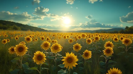 Fototapeta premium A vast field of sunflowers basking in the warm glow of a setting sun, with rolling hills in the background.