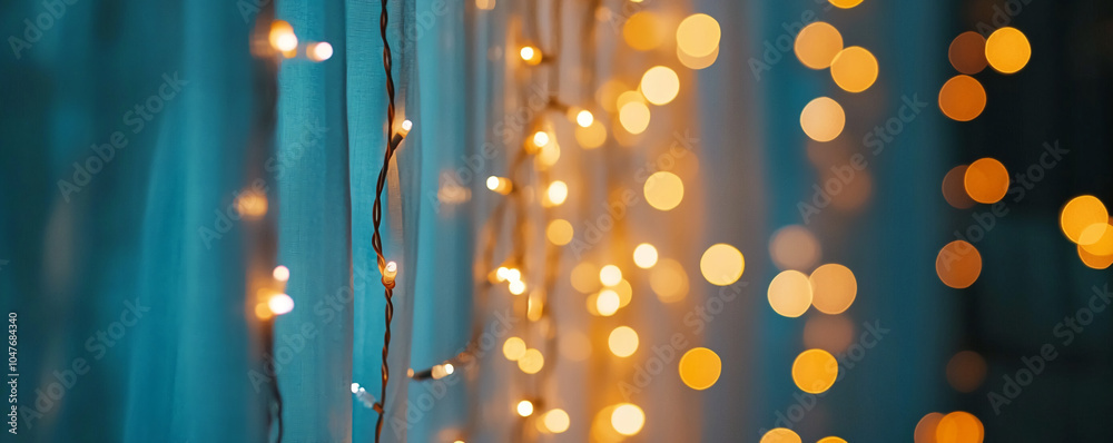 Poster String lights hang against a blue backdrop, creating a warm, festive atmosphere
