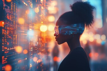 An African American woman in digital glasses immersed in data analysis with a futuristic style and bright lights in the background, symbolizing high technology and virtual reality