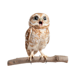 Obraz premium Surprised owl perched on a branch, showcasing its expressive eyes and feathers, white isolated background.