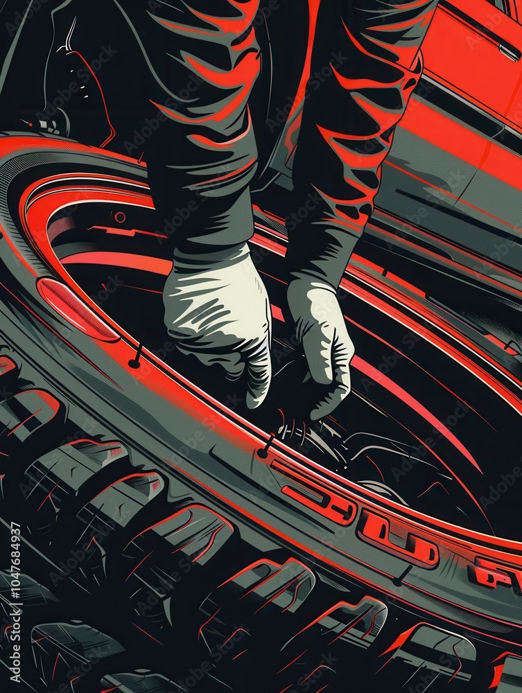 Poster a person in gloves is skillfully replacing a tire on a car, demonstrating essential vehicle maintena