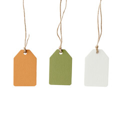 Three colorful tags on strings, isolated on a white background, ideal for creative and branding projects.