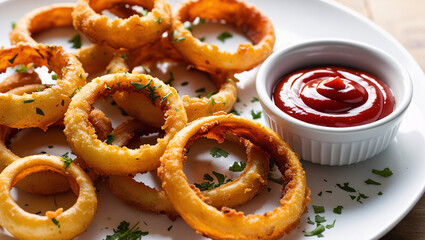 ketchup with crispy onion ring, Close-Up of Crispy Onion Rings with Ketchup Dipping Sauce,