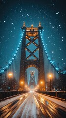 Fototapeta premium Snowy Night on an Illuminated City Bridge