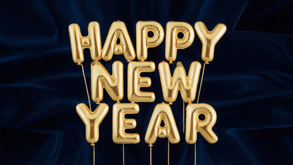 "Happy New Year" spelled out using three-dimensional gold balloons, glossy shine effect, on elegant silk dark blue background, modern and eye-catching, greeting card, poster, 3D render