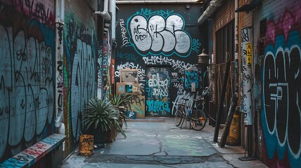 Naklejka premium Exploring the vibrant and diverse world of urban graffiti a journey through an alley filled with art and expression