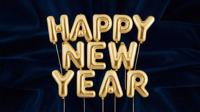 "Happy New Year" spelled out using three-dimensional gold balloons, glossy shine effect, on elegant silk dark blue background, modern and eye-catching, greeting card, poster, 3D render