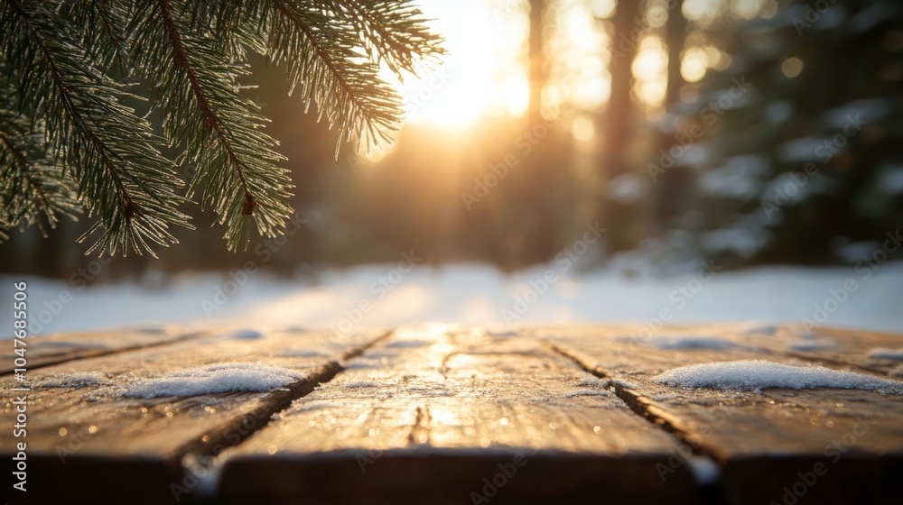 Aufkleber Sunlight gently filters through the trees, illuminating a rustic wooden table covered in light snowflakes. The serene forest setting reflects the peacefulness of winter.