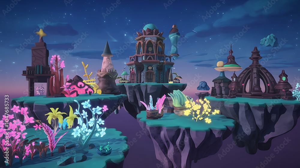 Poster Explore an asurrealfantasy environment with floating islands lush flora and enchanting structures at twilight