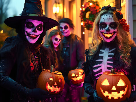 Adults in Skeleton and Witch Costumes Holding Jack-o'-Lanterns at Halloween Party