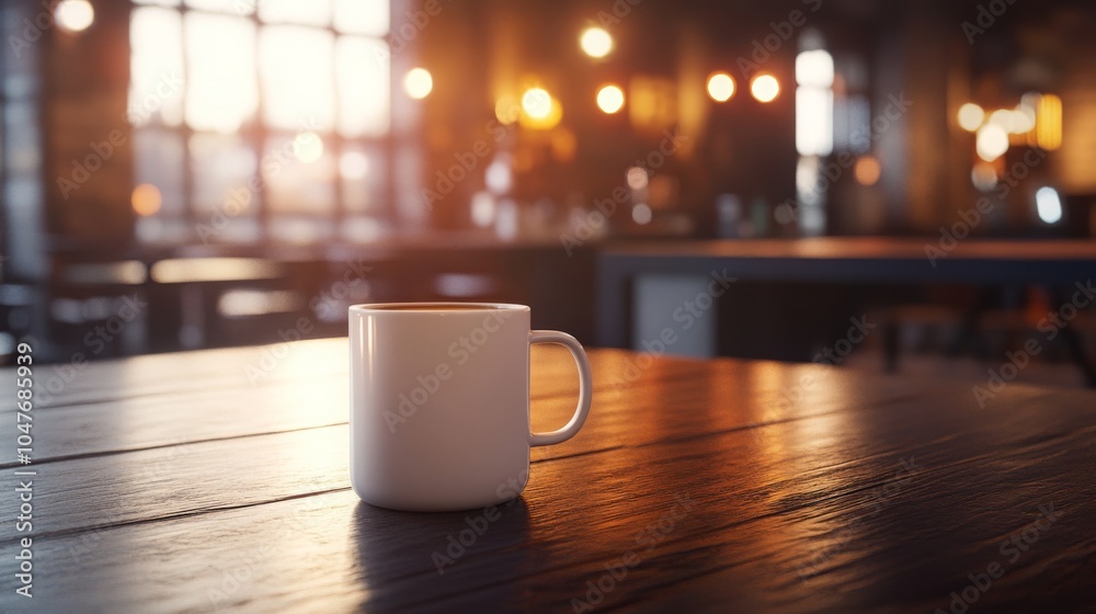 Poster a white coffee cup sits on a rustic wooden table, bathed in warm light filtering through large windo