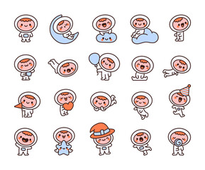 Cute astronaut boy in spacesuit. Cartoon space hero. Hand drawn style. Vector drawing. Collection of design elements.