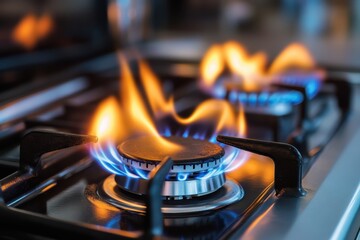 Close-up of a gas stove burner with flames.