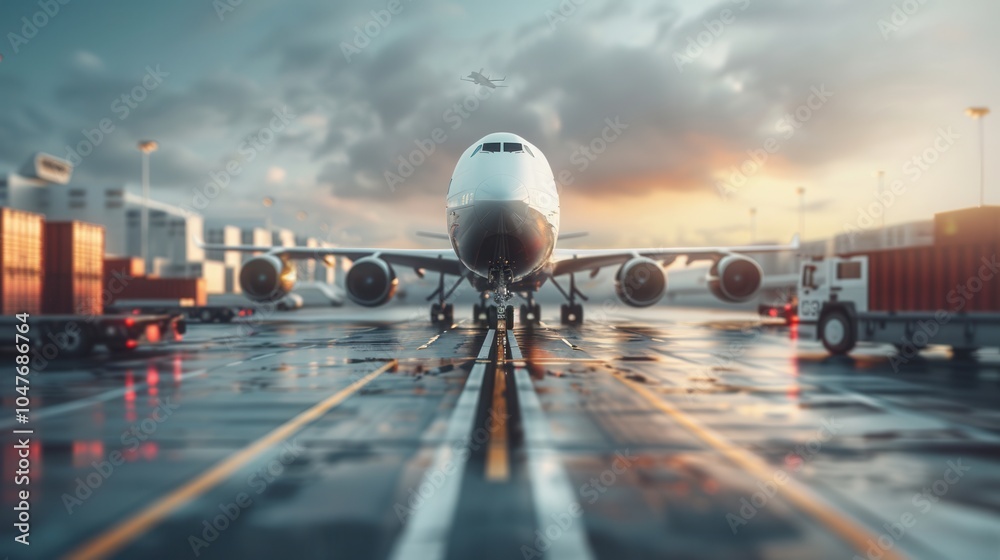 Poster A cargo airplane stands on the runway, with loading and unloading equipment preparing for operation as dark clouds gather overhead. Generative AI
