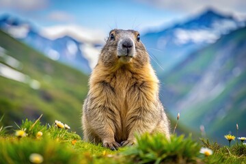 Symmetrical alpine marmot feeding in an alpine meadow