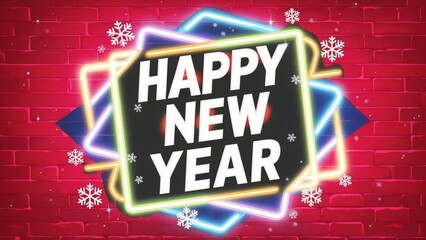 Bold "Happy New Year" text in neon square glows against a red rustic textured brick wall, adorned with vibrant colors and geometric shapes, snowflakes and stars, poster, card, banner, invitation