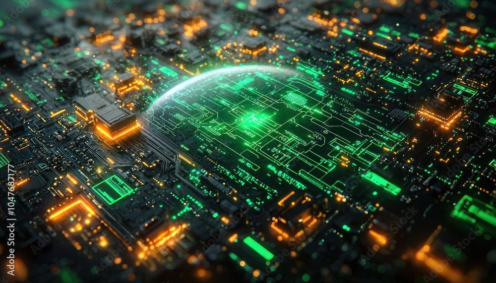 Poster a close-up of a circuit board with glowing green and orange lines