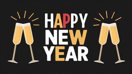 Festive party card featuring colorful "Happy New Year" lettering text and clinking champagne glasses on side, all set against a stylish black background, flat design, typography, poster, banner