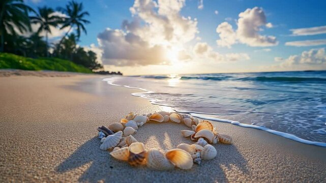 Beautiful coastal sunrise with seashells arranged in a circle on a sandy beach