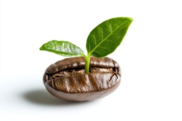 A coffee bean sprouts a tiny green plant.