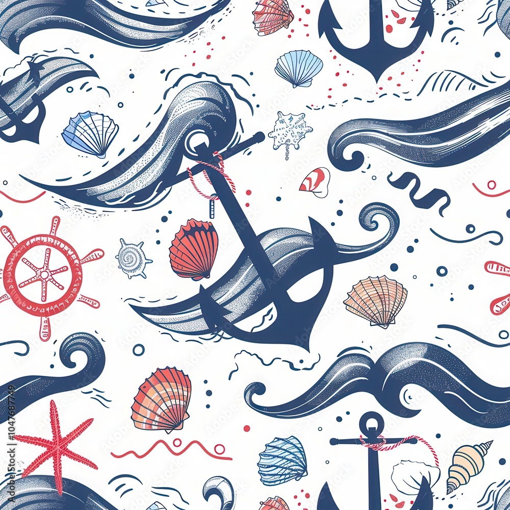 Poster this lively design showcases anchors, seashells, and waves in a playful arrangement, ideal for coast