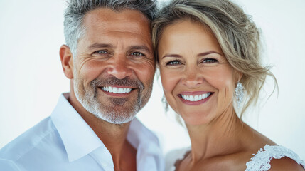 Joyful wedding couple sharing a tender moment outdoors on a sunny beach during an intimate ceremony