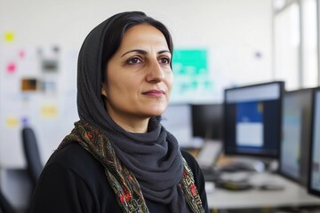 A middle-aged woman in an office setting looks into the distance, wearing a traditional scarf, with an expression that conveys calm and confidence