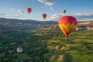 Fototapeta premium Hot air balloons float over a lush green valley.