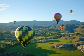Obraz premium Hot air balloons float over a green valley, a beautiful sight.