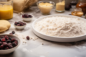 Baking Ingredients With Flour and Berries on Rustic Kitchen Table