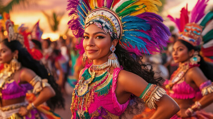 Traditional Mayan dancer showcases vibrant culture during a festival celebration in Guatemala at sunset