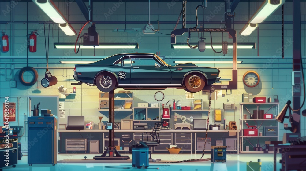 Poster a skilled mechanic is working underneath a vehicle lifted by a hoist, surrounded by tools and equipm