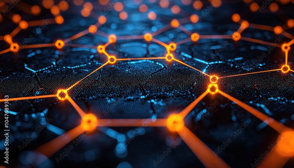 Poster abstract network of orange lines and blue bokeh lights