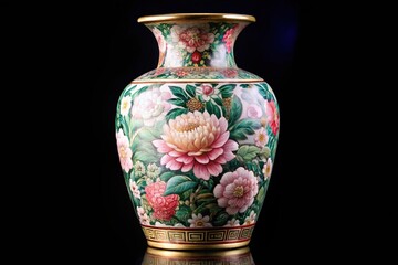 Symmetrical antique vase with peonies