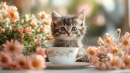 A cute kitten sits beside a floral arrangement, creating a charming and serene atmosphere.