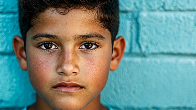A young boy with dark hair and brown eyes stands in front of a blue brick wall