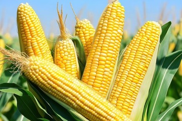 Close-up of ripe corn cobs in a field.