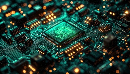 Obraz premium Close-up of a Green Circuit Board with a Glowing Chip