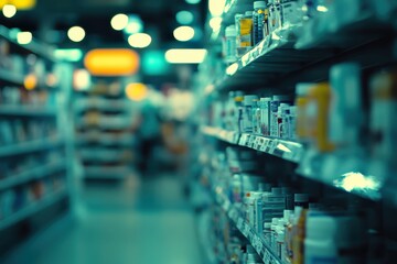 Aisle of a pharmacy with medicine bottles on shelves