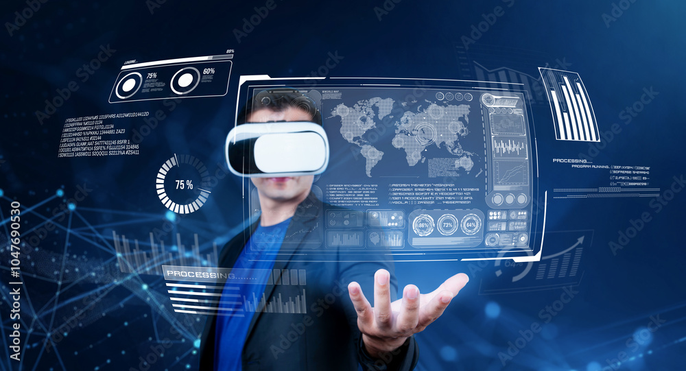 Poster smart business man with goggles working while using ai technology. manager accessing at global netwo