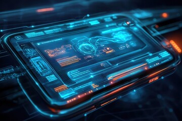 A futuristic HUD display with glowing blue and orange lines.