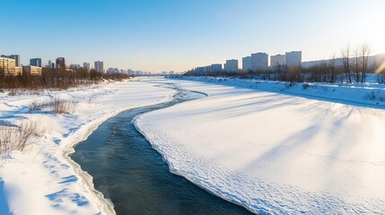 Obraz premium Frozen river winding through a snowy cityscape, sunlight casting long shadows across the icy water, frozen river, urban winter