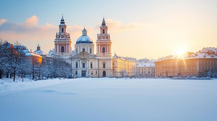 Obraz premium Historical city center covered in snow, sun rays illuminating ancient architecture with a serene winter glow, historic winter city, urban nostalgia