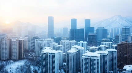 Fototapeta premium Mountainous city skyline with buildings covered in fresh snow, sun shining through fog over the distant peaks, snowy skyline, urban wilderness