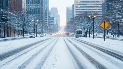 Snowfall at dawn in a bustling city, early sunlight glistening on fresh snow and busy streets,  winter morning, city awakening