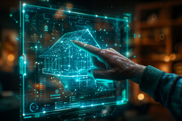 Closeup of hand designing a virtual home model with digital holograms.