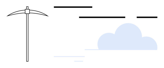 A pickaxe is placed on the left side with a cloud and abstract horizontal lines on the right side. Ideal for mining, cloud computing, technology, data analysis, and futuristic design. Simple modern