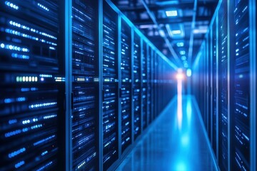 Fototapeta premium Rows of server racks in a data center, glowing with blue lights.