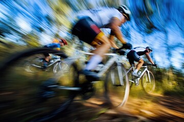 Three cyclists race through a wooded area, their motion blurred.