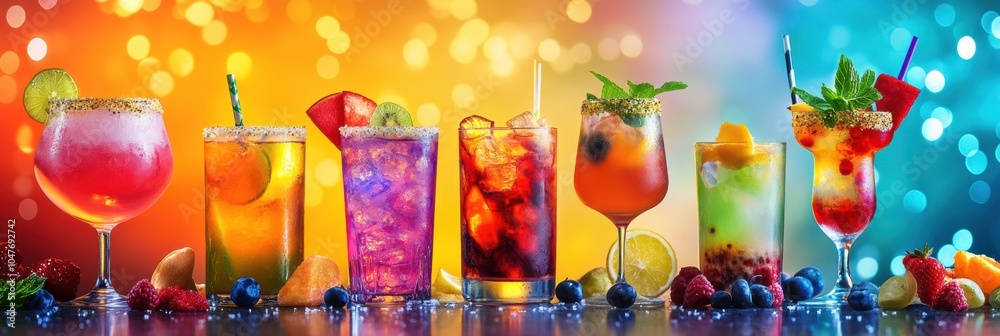 Aufkleber an assortment of colorful cocktails sits on a table alongside various snacks and fresh fruit slices,